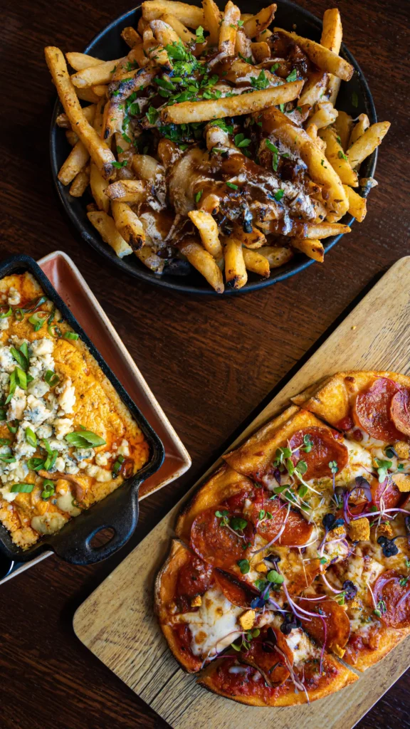 Fries, buffalo dip, flatbread
