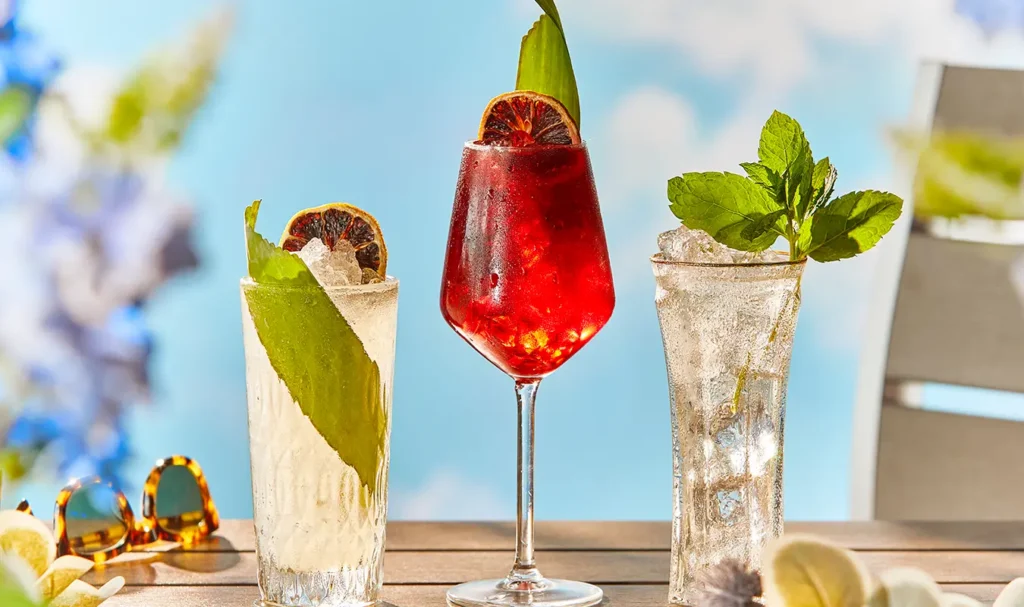 Three cocktails: two clear ones and a red with garnishes