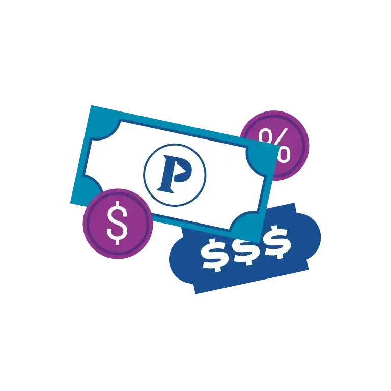An illustrated graphic featuring a stylized dollar bill with a “P” icon, surrounded by dollar signs and a percentage symbol on a white background
