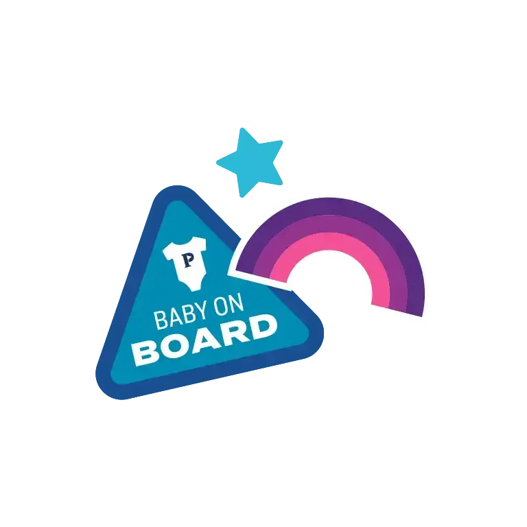 An illustrated graphic showing a “Baby on Board” sign with a Puttshack icon, a rainbow, and a star, representing employee parental leave benefits on a white background