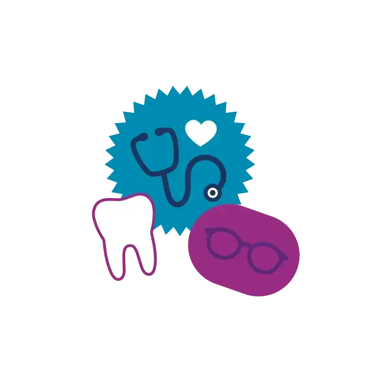 An illustrated graphic featuring a stethoscope, a tooth icon, eyeglasses, and a heart symbol, representing employee health, dental, and vision benefits on a white background