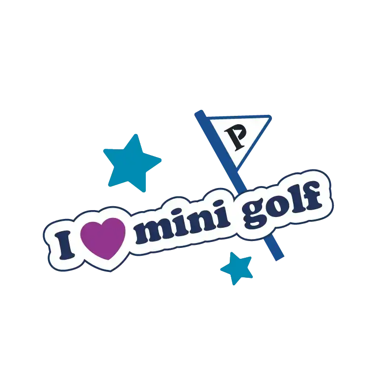 An illustrated graphic featuring the text “I love mini golf” with a heart icon, stars, and a mini golf flag, representing enthusiasm for the game and workplace culture on a white background