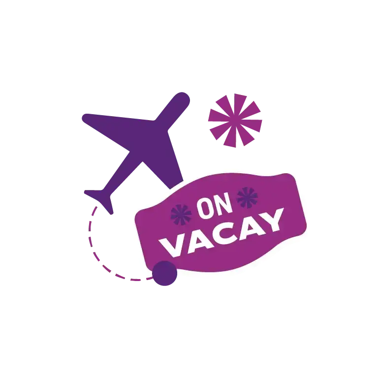 An illustrated graphic showing an airplane icon and the words “On Vacay,” representing employee paid time off benefits on a white background