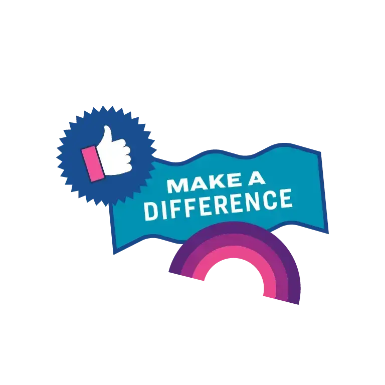 An illustrated graphic with a thumbs-up icon and the words “Make a Difference,” along with a rainbow element, representing a paid volunteer bonus benefit for employees on a white background