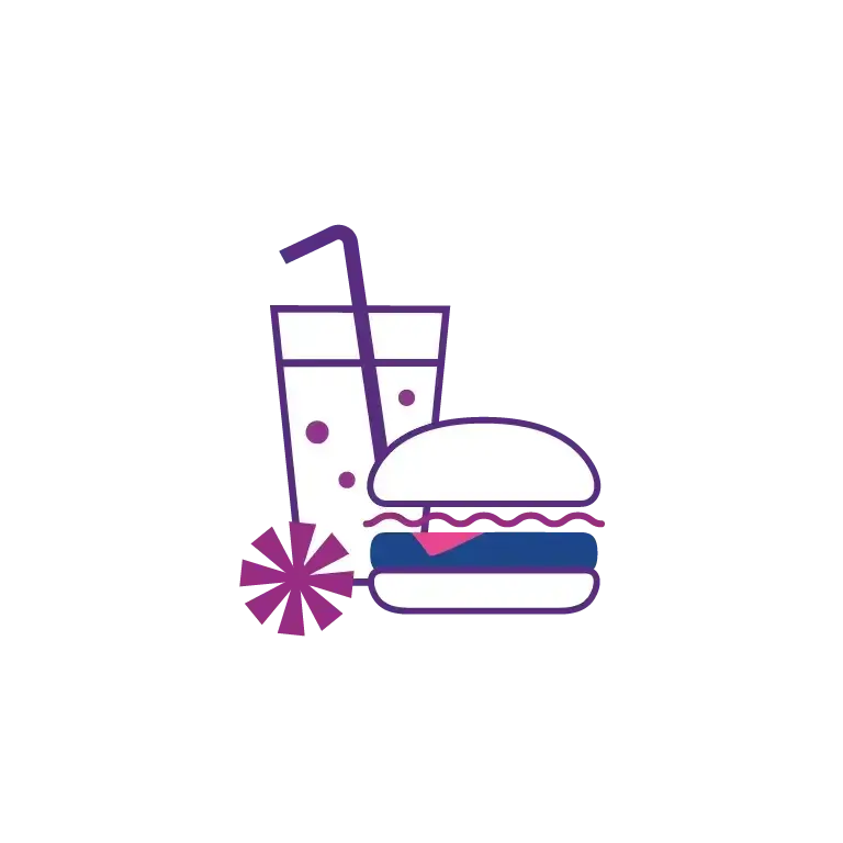An illustrated graphic showing a burger and a drink with a straw, representing employee food and beverage benefits on a white background