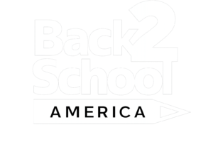 A logo displaying the text “Back 2 School America” with the word “America” inside a right-pointing arrow on a white background
