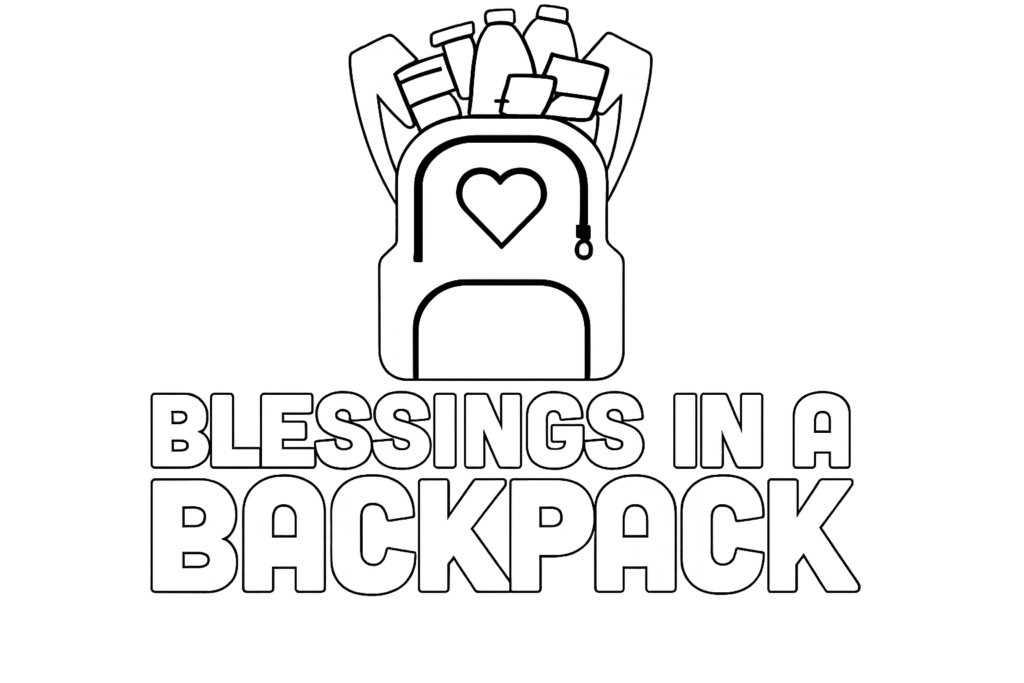 A black-and-white logo featuring a backpack filled with food items above the text “Blessings in a Backpack” on a white background
