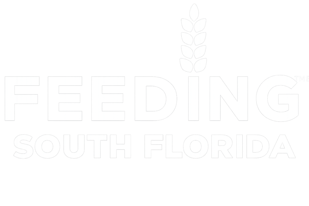 A light-toned logo displaying the text “Feeding South Florida” with a stylized wheat icon above the lettering on a white background