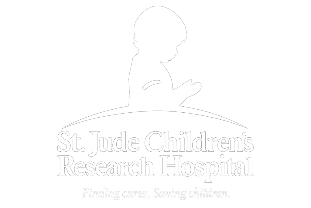 A light-toned logo featuring a child silhouette above the text “St. Jude Children’s Research Hospital” with the tagline “Finding cures. Saving children.” on a white background