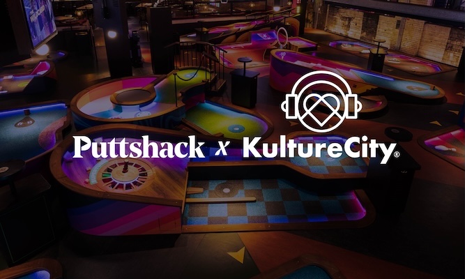 Puttshack x KultureCity logo displayed over a wide view of an indoor mini golf venue with illuminated courses