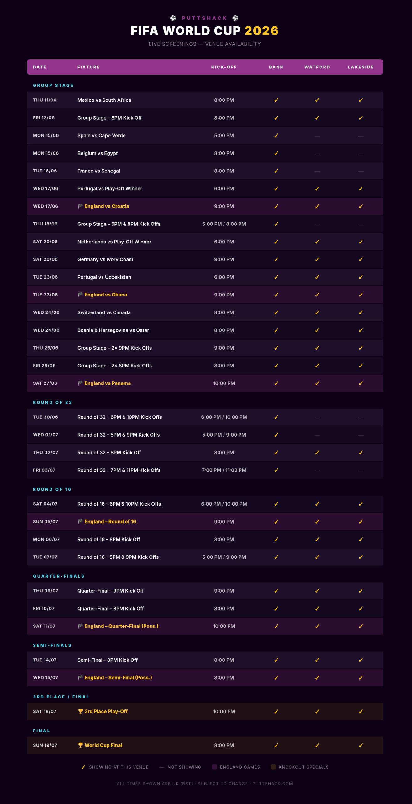 A calendar of the World Cup 2026 fixtures you can watch at Puttshack live on the big screen